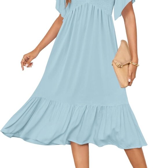 Women's Summer Empire Waist Dress Smocked Flutter Short Sleeve V Neck Midi Dress - Picture 1 of 6